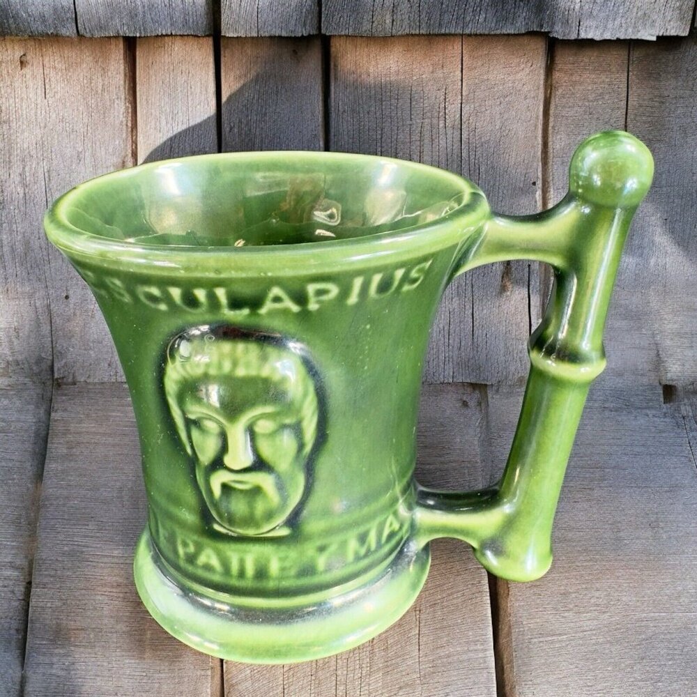 Aesculapius God of Medicine Ceramic Embossed Mug Cup Doctor Medical Pottery‎ VTG